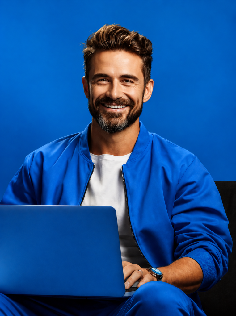 Professional digital marketing expert working on a laptop with a modern blue background, representing A2Zinstore digital marketing services including SEO, PPC, and social media marketing.