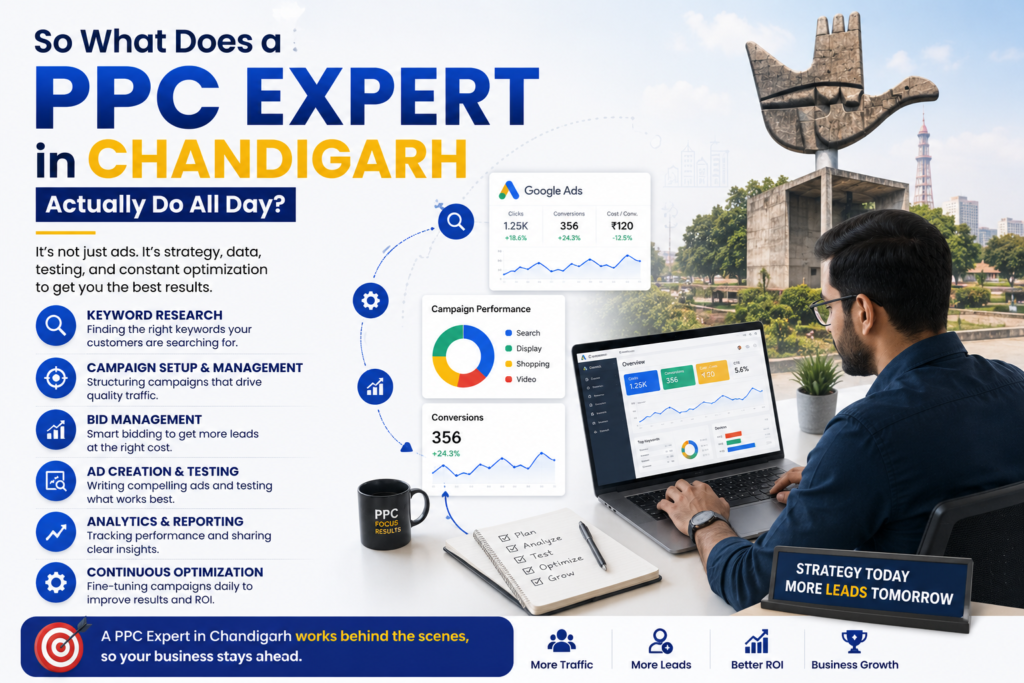"PPC expert in Chandigarh managing Google Ads campaigns, keyword research, bid optimization, ad testing, analytics reporting, and campaign performance tracking to generate leads and business growth."