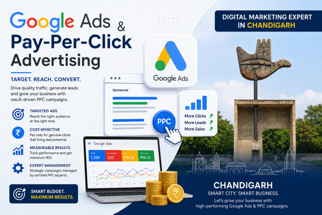 Google Ads campaign management in Chandigarh focused on lead generation, conversions, and targeted online advertising.