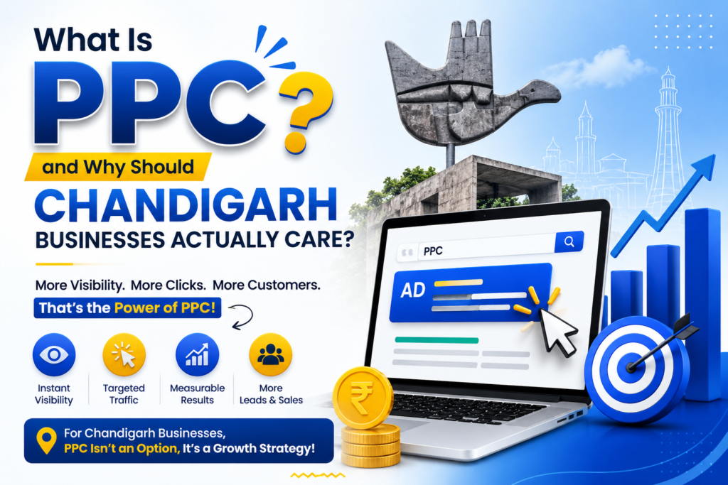 "PPC advertising concept for Chandigarh businesses showing Google Ads campaign on a laptop screen, growth chart, target icon, rupee coins, and Chandigarh landmark. Digital marketing illustration highlighting targeted traffic, instant visibility, measurable results, and business growth through Pay-Per-Click advertising."
